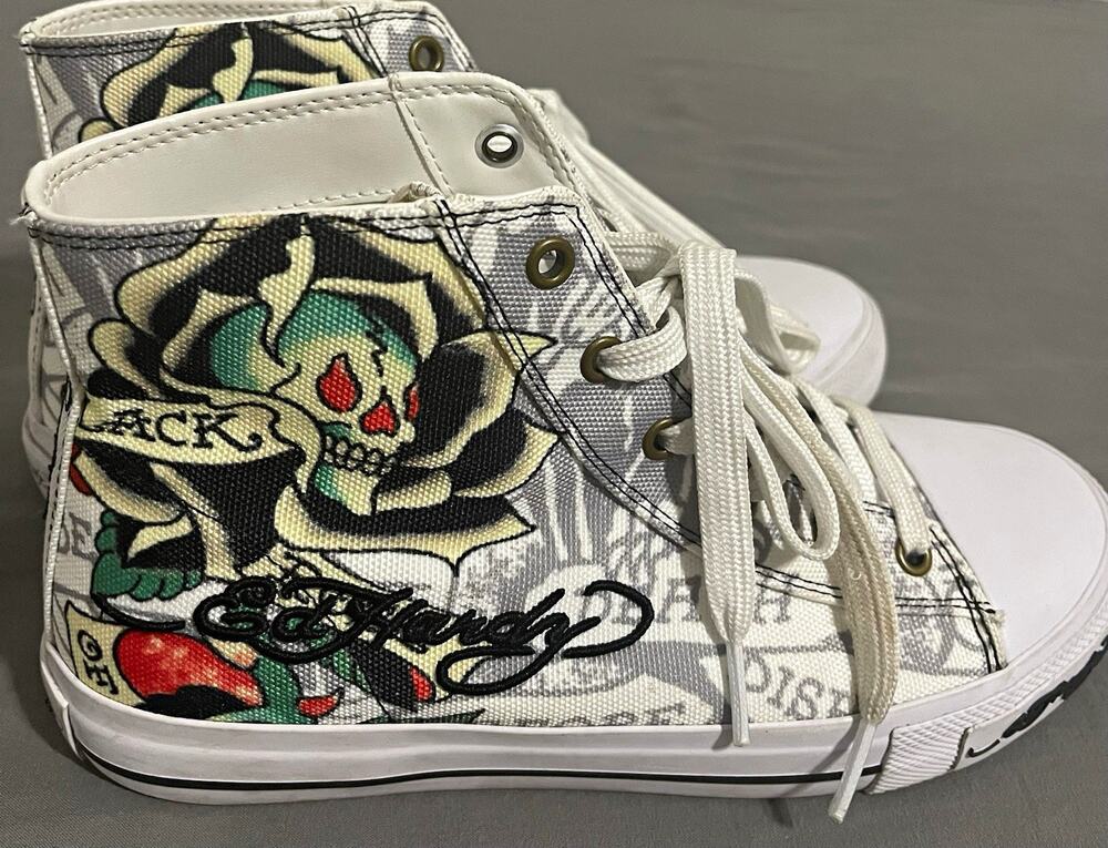 Ed Hardy Tattoo Hi Kids GS 6 W 7.5 White Skull Rose High Top Sneakers EH03802101